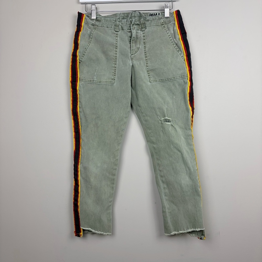 PAM & GELA Green‎ Crop Pants Side Stripe Distressed Raw Hem Size 27